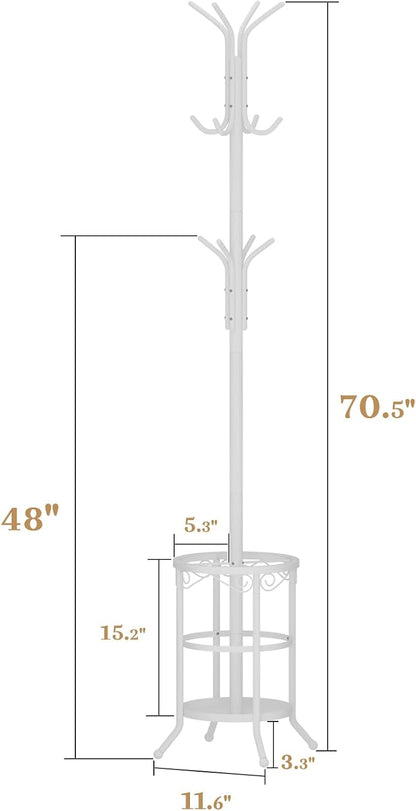 Coat Rack Freestanding with Umbrella Holder – Metal Hanger Stand, Hall Tree with 12 Hooks, Entryway Organizer for Hats, Bags, and Clothes (White)