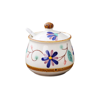 YMYL Ceramic Sugar Bowl with Lid and Spoon, 11oz Porcelain Sugar Holder for Coffee Bar, Salt Container Pepper Storage Jar for Home and Kitchen (Blue)