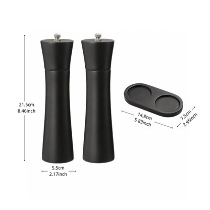 Black Salt and Pepper Mill Set with Stand, 8.5 inch, Matte Black Grinders, Adjustable Ceramic Mechanism