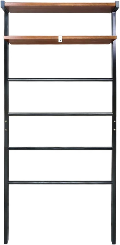 Space Saving 100% Solid Wood 6-Tier Blanket Ladder with Two Storage Shelves - Black/Sweet Oak