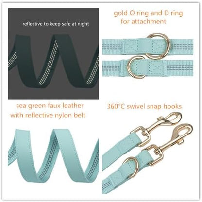 Leather Dog Collar and Leash Set 7FT Reflective at Night - Soft and Easy to Clean Vegan Leather with Gold Metal Buckle for Small Medium Large Dogs (S, Sea Green)