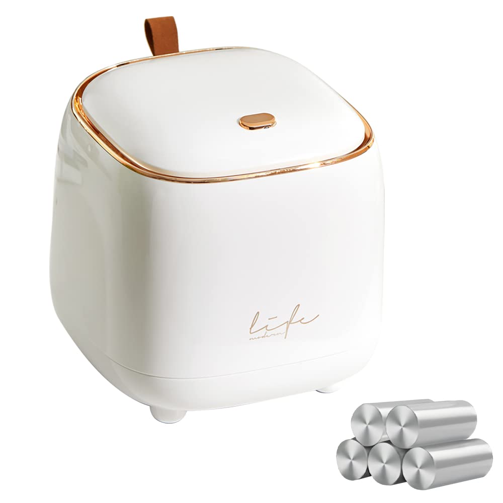 WDPUCHU Mini Countertop Trash Can with 5 Rolls of Trash Bags, Waste Can with Press Type Lid, 0.5 Gallon/1.5 Liter Wastebasket Trash Can Dispenser, Mini Bin for Bathroom Vanity,Coffee Table (White)