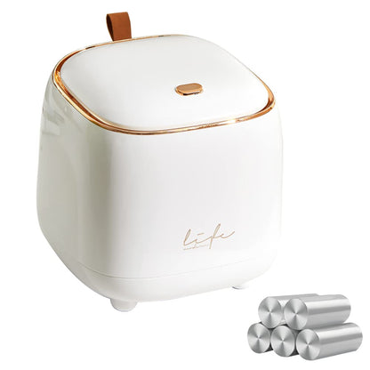WDPUCHU Mini Countertop Trash Can with 5 Rolls of Trash Bags, Waste Can with Press Type Lid, 0.5 Gallon/1.5 Liter Wastebasket Trash Can Dispenser, Mini Bin for Bathroom Vanity,Coffee Table (White)