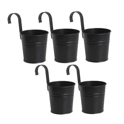 XZJMY 5 Pcs Hanging Flower Pots Metal Iron Bucket Planter Pot Metal Bucket Flower Holder with Hook Indoor Outdoor Decor for Railing Fence Balcony Garden (Black)