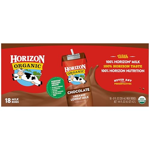 Horizon Organic Shelf Stable 1% Lowfat Chocolate Milk Boxes, USDA Certified Organic UHT Milk from Pasture-Raised Cows, No Refrigeration Required, 8 fl oz, 18 Count