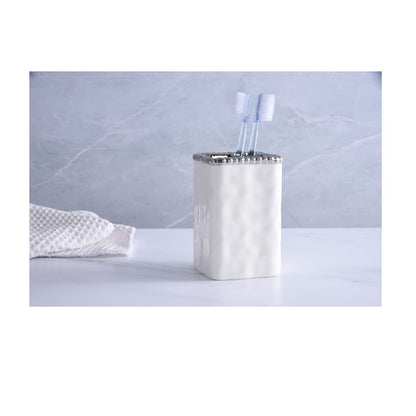 Pampa Bay VAN2718W Toothbrush Holder with Silver Beads, 4.5-inch Height, Porcelain