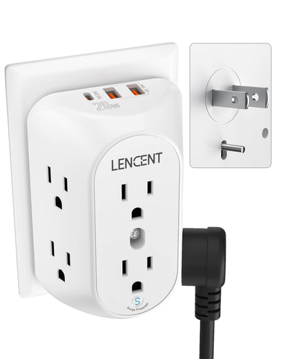 LENCENT 2 Prong Power Strip, 3 to 2 Prong Grounding Outlet Adapter 6 Outlet 1 Type C&2 USB 3.4A, Polarized Plug, 1728J Surge Protector, 3-Sided Wide Spaced Extender,Wall Mount for Non-Grounded Outlet