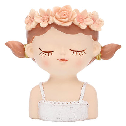 4.35" Cute Head Planter Resin Succulent Pot - Little Girl Flower Container, Human Face Cactus Plants Bonsai Holder, Thumb Fairy Figurine Statue With Drainage - Decor Gift