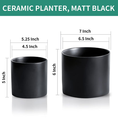 Nihow Flower Pot - 5 & 7 Inch Ceramic Planter Pots for Indoor Plants - Herbs/Snake/Succulent/Orchid Cylinder Plant Pot - Matte Black (Set of 2) - Plants not Included