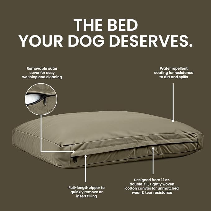 WHITEDUCK Outdoor Dog Bed Heavy-Duty 12oz Canvas, Water-Repellent Cotton, Machine Washable Removable Cover with Full-Length Zipper, Dog Bed for Large Dogs & Crate, (Olive) 28" Lx20 Wx4.3 th (S)