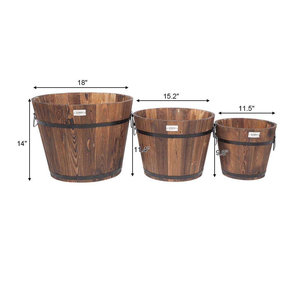 VINGLI 3 PCS Large Wooden Planter Barrel Set, 11.5"(Dia)- 18"(Dia) Real Wood Indoor/Outdoor Flower Pot w/Drainage Holes, Different Sizes, Large Garden Container Box