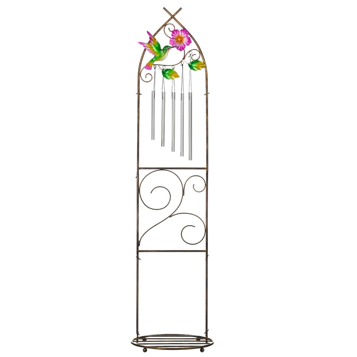 Plant Stands with Garden Trellis, 48” Metal Standing Wind Chimes Plant Pot Trellis with Hummingbird for Garden Patio Backyard Climbing Plants Outdoor Decor