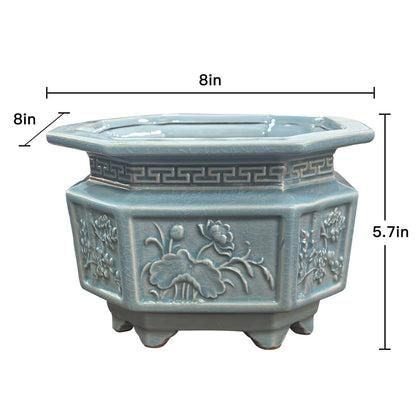 HUOMUSIR 8-Inch Large Octagon Bonsai Pot Light Blue Water Glaze Bonsai Tree Ceramic Flower Pot Handmade