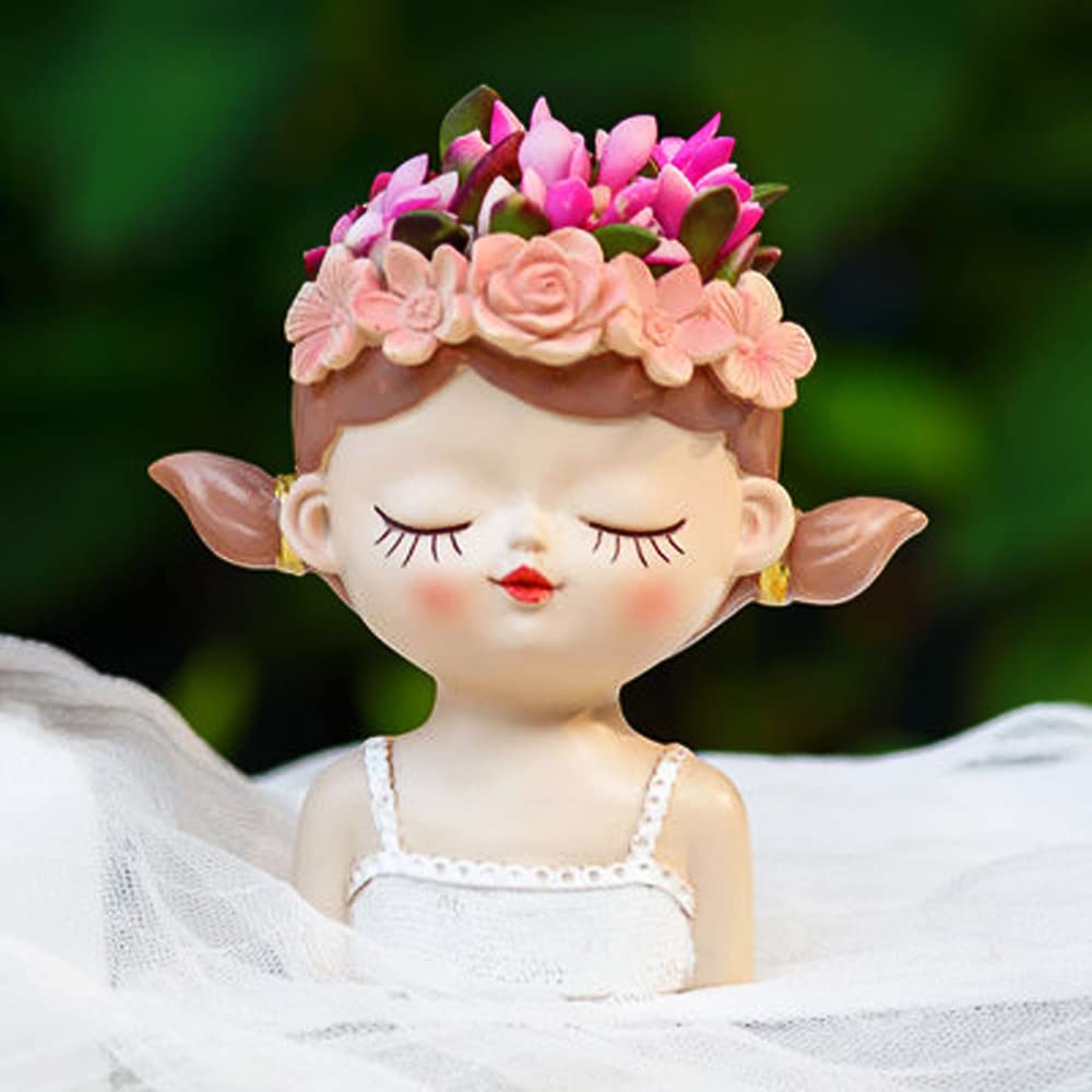 4.35" Cute Head Planter Resin Succulent Pot - Little Girl Flower Container, Human Face Cactus Plants Bonsai Holder, Thumb Fairy Figurine Statue With Drainage - Decor Gift
