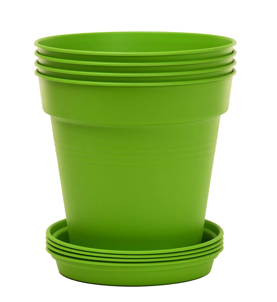 Mintra Garden Pots, 4 Pack Bulk Plastic Plant Pots with Drainage Tray, Round Indoor & Outdoor Decorative Planters with Drain Holes for Flowers, Herbs & Plants, 19cm Diameter – Light Green, 7.5 in