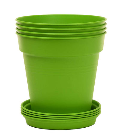 Mintra Garden Pots, 4 Pack Bulk Plastic Plant Pots with Drainage Tray, Round Indoor & Outdoor Decorative Planters with Drain Holes for Flowers, Herbs & Plants, 19cm Diameter – Light Green, 7.5 in