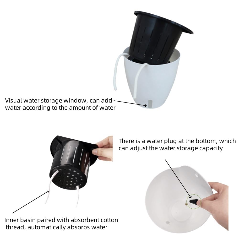 DODXIAOBEUL 2 Pack 7 Inch Visible Water Level Self Watering Planter,Hanging Planters,Wall Mounted Plants Holder,Small Flower pots Indoor Out Flowerpot with 3 Hooks Plastic Pots for Plants (White 7")