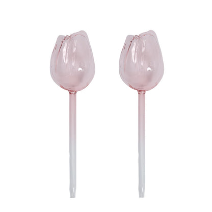 NovaPuff 2 Pcs Pink Tulip Self Watering Plant Globes,Glass Watering Bulbs Watering Spikes, Automatic Watering Devices for Indoor Plants/Travel Vacation