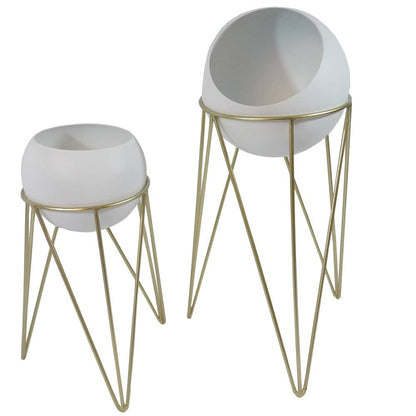 Admired by Nature White Plant Bowl Pot in Mid Century Designed Gold Stand Display Rack - Set of 2 - for Home Decor, Indoor Plants, Succulents, Flowers, Organization, Storage