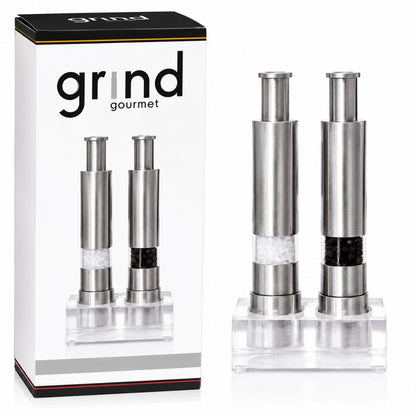 Grind Gourmet Salt and Pepper Grinder Set, Original Pump & Grind Peppermill are Refillable, Modern Thumb Press Grinder, Works With Black Pepper, Sea Salt, Himalayan Salts, Stand Included