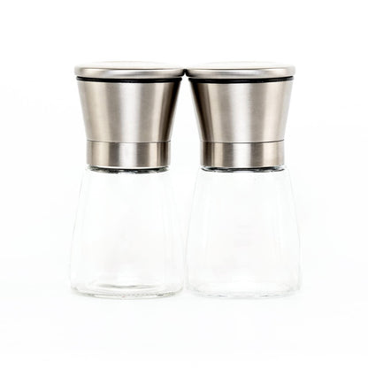 Salt and Pepper Grinder Set with Wood Tray, Manual Sea Salt, Spice and Peppercorn Mill, Glass Container, Stainless Steel Cap, Adjustable Coarseness and Refillable for Modern Farmhouse Kitchen Table