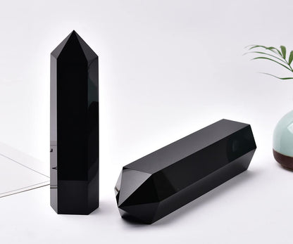 MOGEMT Large Black Obsidian Crystal Tower Natural Healing Crystal Point Wand Obelisk 6 Faceted Reiki Chakra Meditation Therapy Home Decor Gift 1.5-2 LBS