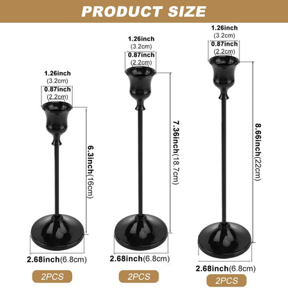 Black Taper Candle Holders Set of 6, 3 Height Metal Candlestick Holders, Detachable with Non-Slip Pads, Base 2.8 in, Fits Standard Taper Candles, for Table Centerpieces