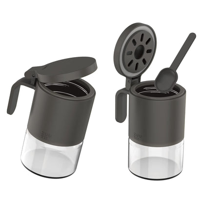 Zuutii Glass Spice Jars Moisture-Proof Spice Containers with Spoons, Set of 2 10oz/300ml Spice Bottles, Mini Seasoning Storage Jars with Flapper Caps for Salt, Sugar, Peppers, Chili in Kitchen Grey