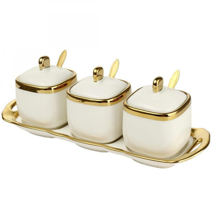 Porcelain Condiment Jar Spice Container with Tray Ceramic Serving Spoon and Lid, Spice Sugar Ceramic Condiment Pot Creative Seasoning Box for Your Home, Kitchen, Counter (White)
