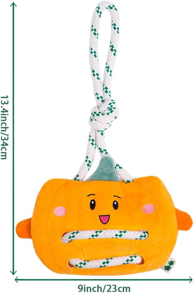 Green Sheep Interactive Plush Dog Toy, No Stuffing Squeaky Toy with Recycled Cotton Rope for Medium to Large Dogs, Pumpkin