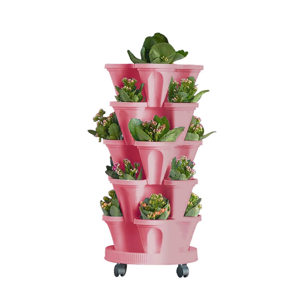 MTICYL Vertical Planter 5 Tiered,Stackable Planters for Strawberry Herb Flower and Vegetable Stacking Garden Tower Gardening Pots with Removable Wheels and Bottom Indoor Outdoor