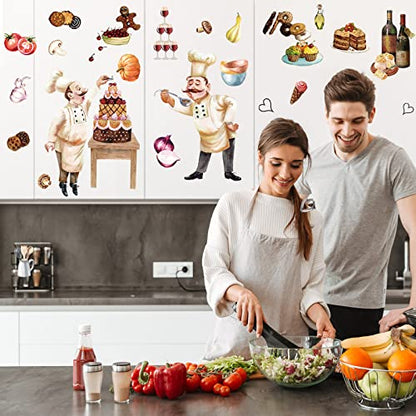 Chinco Chefs Peel and Stick Wall Decals Italian Fat Chefs Cooking Wall Sticker Wine Cake for Kitchen Restaurant Dining Room Home Decoration, 6 Sheets