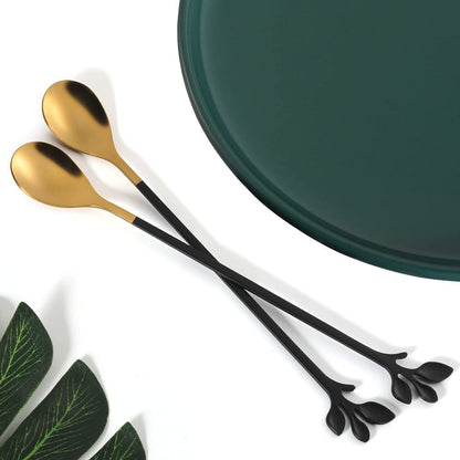 AnSaw 6-Piece Elegant Black & Gold Leaf Long Handle Teaspoons - 7.4"