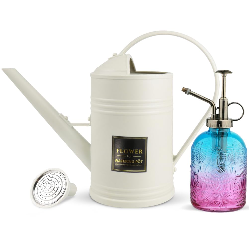 0.5 Gallon Small Watering Can for Outdoor Indoor Plants for House Plants, 12 oz Glass Plant Mister Spray Bottle for Bonsai Garden Flowers (White)