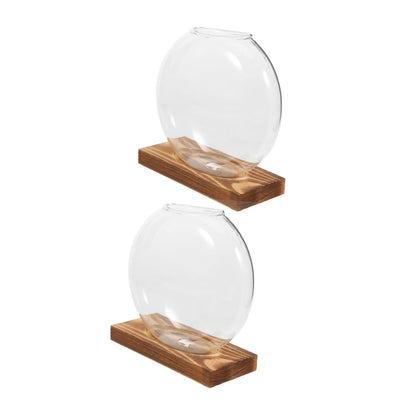 Wakauto 2pcs Hydroponic Glass Propagation Vases with Wooden Base, Plant Terrarium Containers for Indoor Water Plants, Desktop Flower Vase Set for Home and Office Décor