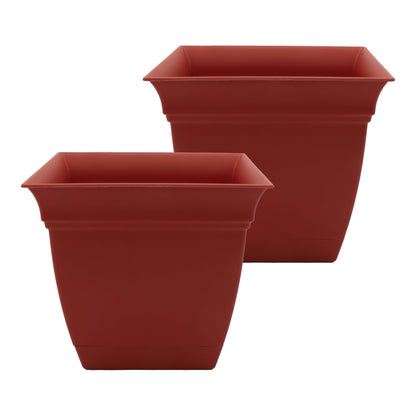 The HC Companies 12 Inch Eclipse Square Planter Pots with Drainage Holes & Attached Saucer, Lightweight UV-Resistant Plastic Indoor Outdoor Planters, 2-Pack Flower Pots for Garden & Home Decor, Clay