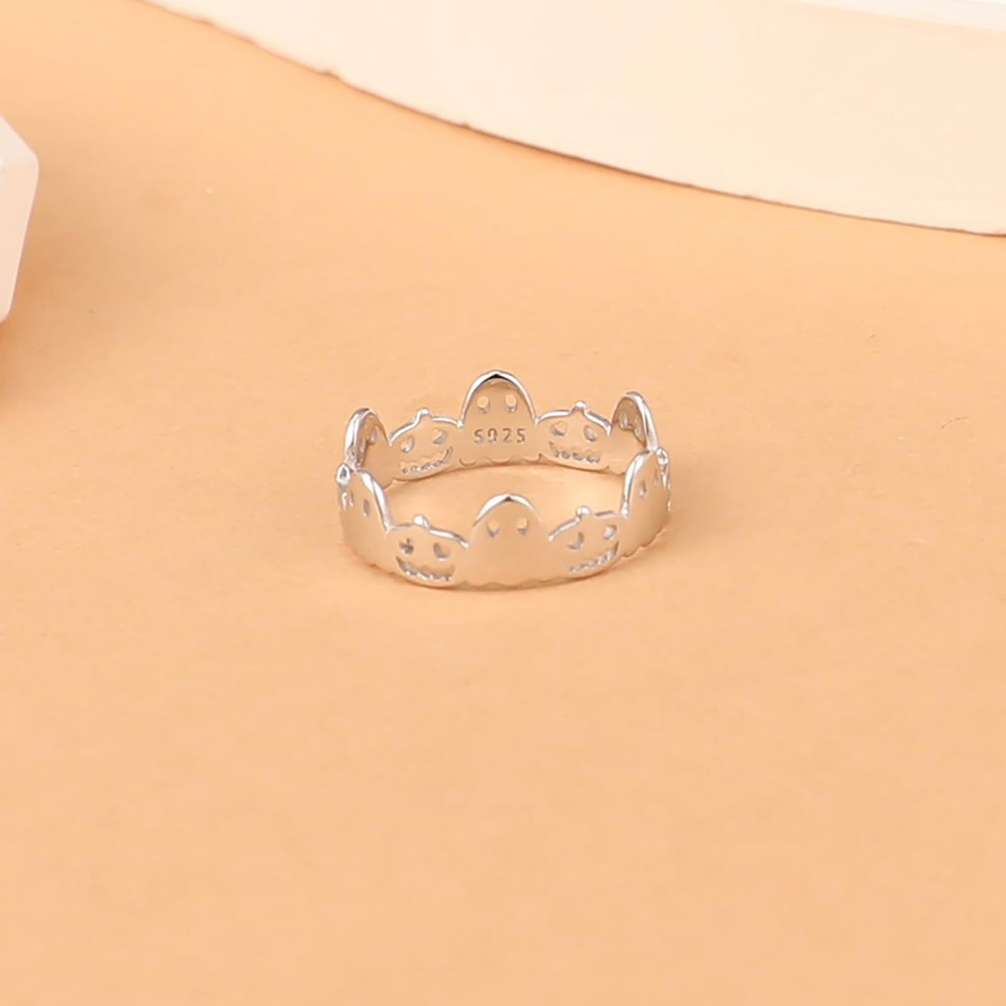 AIBELOPY Cute Pumpkin Lantern Rings for Women Men 925 Sterling Silver Halloween Ring Jack-O-Lantern Ghost Ring Wide Band Rings Halloween Christmas Gift (Silver, 9)