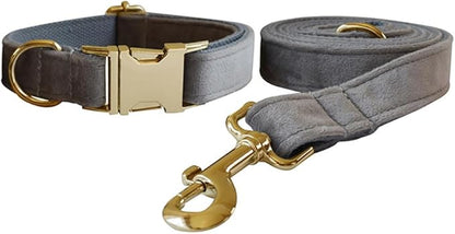 Love Dream Velvet Dog Collar and Leash Set, Soft & Comfy Adjustable Dog Leash and Collar with Heavy Duty Metal Buckle for Small Medium Large Dogs Training & Walking (Small, Grey)