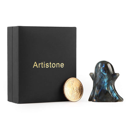 Artistone 2" Crystal Ghost Figurine Natural Labradorite Gemstone Hand Carved Statue for Halloween Decorations Home Deco Desk Decoration