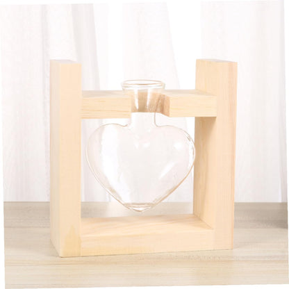 CONGARTENO Heart Vase Hydroponics Planter with Wooden Rack Glass Flower Container for Indoor Greenery Temperature-Resistant Glass Terrarium for Tulips Roses and Branches Decorative Plant