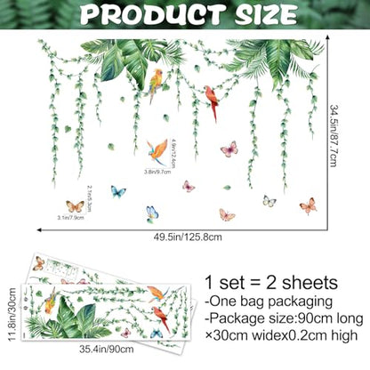 Removable Tropical Leaves Wall Decals Vinyl Hanging Vines Green Plants Wall Stickers Peel and Stick Jungle Safari Mural Art Decor for Nursery Classroom Bedroom Office Sofa Background