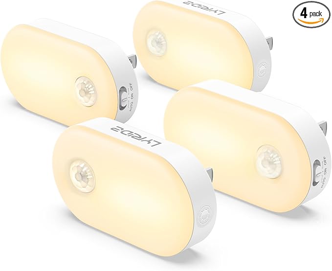 Lyridz Plug-in Night Light with Motion Sensor, 1-120 LM Stepless Adjustable Brightness LED Nightlights for Bathroom, Bedroom, Hallway, Stairs, Garage, Toilet, 4 Pack