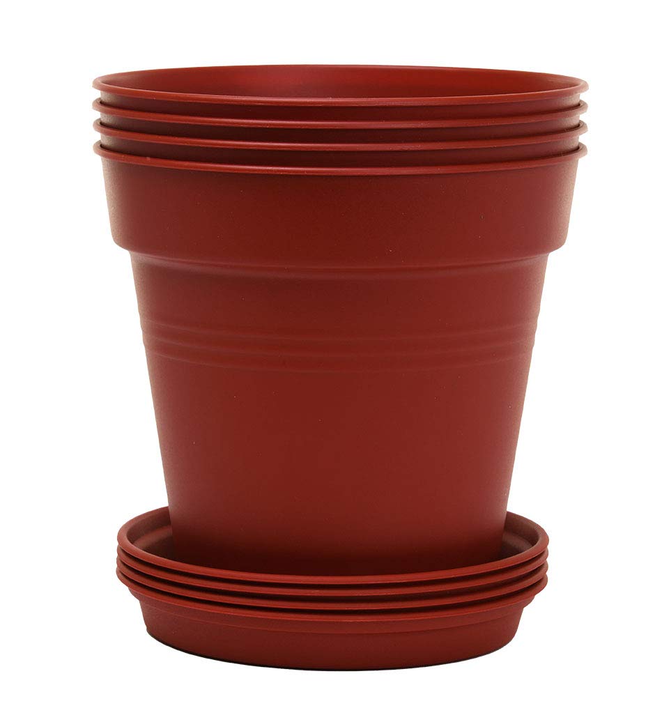 Mintra Garden Pots, 4 Pack Bulk Plastic Plant Pots with Drainage Tray, Round Indoor & Outdoor Decorative Planters with Drain Holes for Flowers, Herbs & Plants, 19cm Diameter – Burgundy, 7.5 in