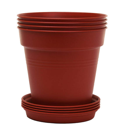Mintra Garden Pots, 4 Pack Bulk Plastic Plant Pots with Drainage Tray, Round Indoor & Outdoor Decorative Planters with Drain Holes for Flowers, Herbs & Plants, 19cm Diameter – Burgundy, 7.5 in