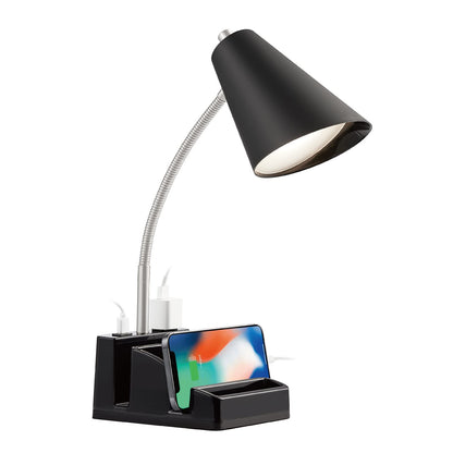LED Desk Lamp with 1 USB Charging Port and 1 AC Outlet, Organizer Base, Adjustable Neck, On/Off Switch, Modern Table Lamp for Reading, Working, Studying, Gentle Warm White Light, Eye Protect(Black)