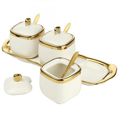 3 pack Ceramic Sugar Bowls Set-Marble Porcelain Spice Jars Storage Containers Condiment Jar Spice Container with Spoons and Lids for Home and Kitchen (White)