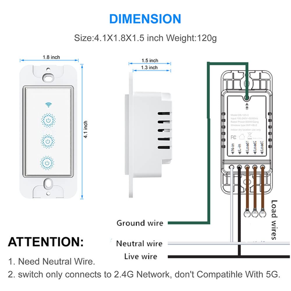Nexete Smart Wi-Fi Double Light Switch, 2 in1 Single Pole Switch Compatible with Alexa Google Assistant & IFTTT,Remote Control, Timing Function No Hub Required (1-Pack Double)