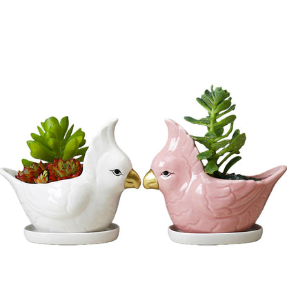 ourhommie 5.6Inch Parrot Succulent Planter Cute Bird Ceramic Pot White Small Porcelain Bonsai Pots Cactus Flowerpot Air Plant Holder Display Container for Home Office Desk Windowwill Decor, No Plants