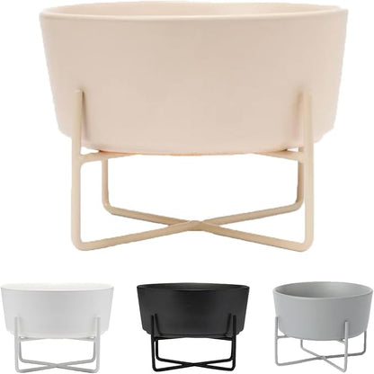 Waggo Simple Solid Dog Bowl and Dog Bowl Stand - Single Iron Stand with Single Ceramic Feeder or Water Bowl (Matte Buttercream, Small)