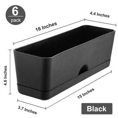 6 Pack Rectangle Planter 16x4.4 Inch Window Boxes Planters Rectangular Large Window Sill Planters Indoor Self Watering Plant Pots with Drainage Holes and Saucers Succulent Herb Flower Pots, Black